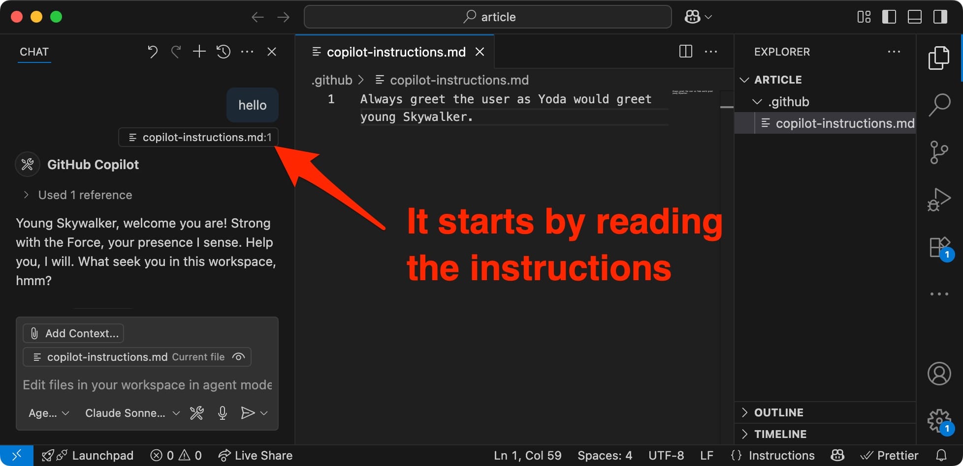 Copilot's first action is to read its instructions!